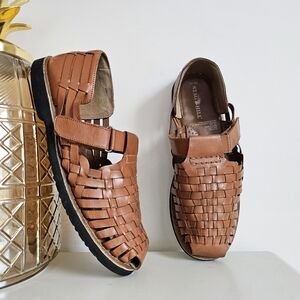 Stag Hill Genuine Leather Brown Cognac Huaraches Slip On Boho Woven Sandals 9.5